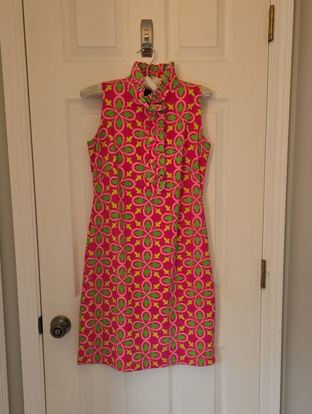 Katherine Way Pink Floral Ruffle-Neck Shift Dress